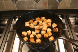 bread croutons in pan
